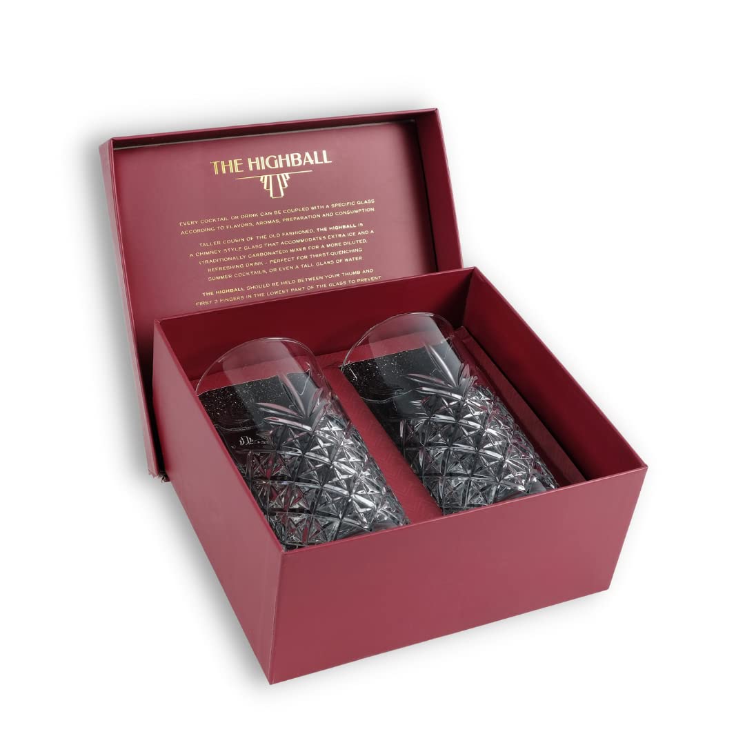 Vintage Highball Glasses by Speakeasy Collection: A Set of 2 Crystal Cocktail Highball Glasses for the Perfect Cocktail, Packaged in a Beautiful Gift Box Designed in Tuscany