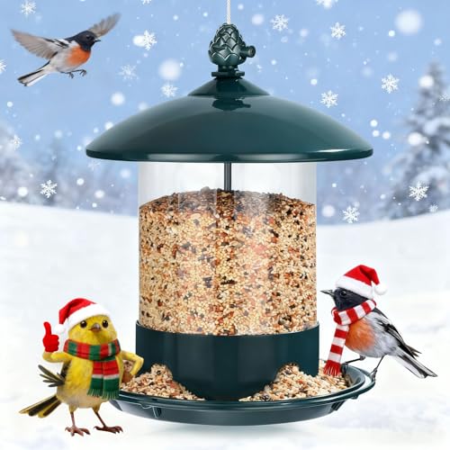 Gbekery Metal Bird Feeders for Outdoors Hanging, Weather Resistant Wild Bird Feeder with 360 Degree Feeding Tray, Green