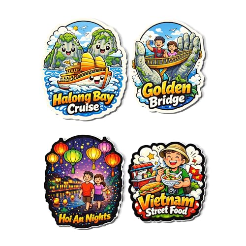 Regalo Casila Vietnam Tourism Souvenir Fridge Magnets Set of 4 Halong Bay Cruise Golden Bridge Hoi an Nights Vietnam Street Food Cute Refrigerator Magnets Travel Gift