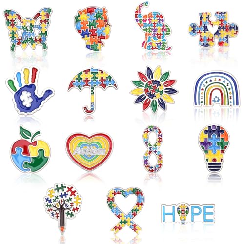 SANNIX 15Pcs Autism Awareness Pins, Autism Lapel Pin Autism Puzzle Enamel Brooch Badge for Autism Awareness Support Events Clothing Bag Hat Accessories