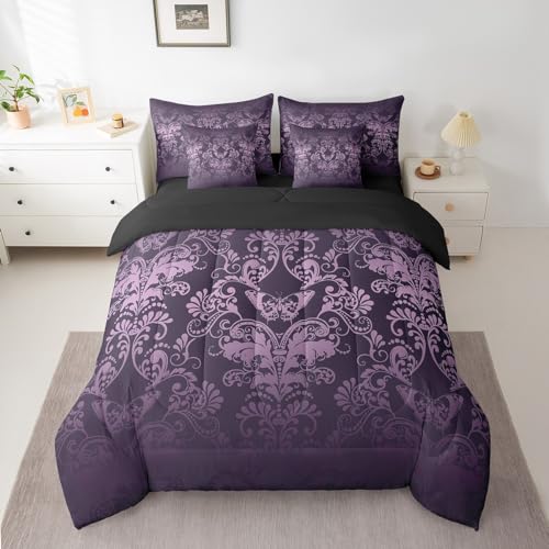 Erosebridal Gothic Damask 7 Piece Comforter Set Full Bed in a Bag,Butterfly Skull Bedding Sets Purple Victorian Floral Goth Sheet Set with Comforter