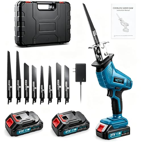Image of Reciprocating Saw,21V Cordless Sawes,0-4000 RPM Variable Speed Reciprocating Saws, Electric Saws to Cut Wood,Metal, for PVC Cutting with 8 Saw Blades,2 Batteries (Blue)