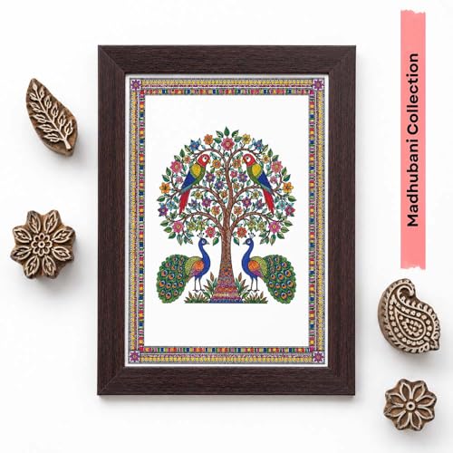 Image of PAPER PAJAMA Madhubani Tree of Life Wall Art for Living Room | Peacock & Parrot Folk Art Painting | Traditional Mithila Framed Decor for Home, Office & Bedroom (10x13 Inches)