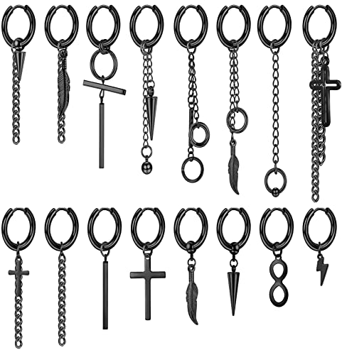 LOLIAS Black Hoop Dangle Chain Earrings Goth Stainless Steel Kpop Earring Dangle Hinged Hoop Earrings Long Chain Pendant Kpop Earring for Men Womenï¼Œ16Pcs