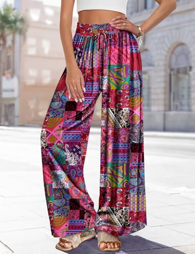 YESNO Women Summer Boho Palazzo Pants High Waist Wide Leg Floral Casual Cotton Lounge Trousers with Pockets L PP0 P002R3