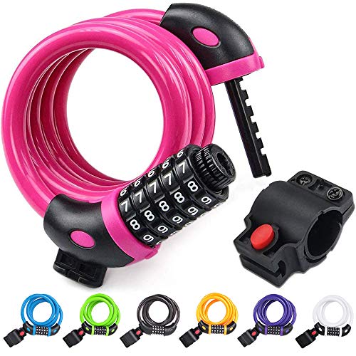 Ndakter Bike Lock Cable, 4 Feet High Security 5 Digit Resettable Combination Coiling Bike Cable Lock, Bicycle Cable Lock For Bicycle Outdoors, 1.2Mx12Mm Pink #TOP3