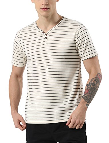uxcell Men's Henleys V Neck Stripes 3 Button Short Sleeve Top Cotton Henley T Shirts Beige S US 36