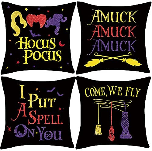 Halloween Outdoor Pillow Covers, 18 x 18 inch Set of 4 Waterproof Throw Pillow Cases, Fall Cushion Decor for Home Outside Patio Front Porch House Farmhouse(Style C)