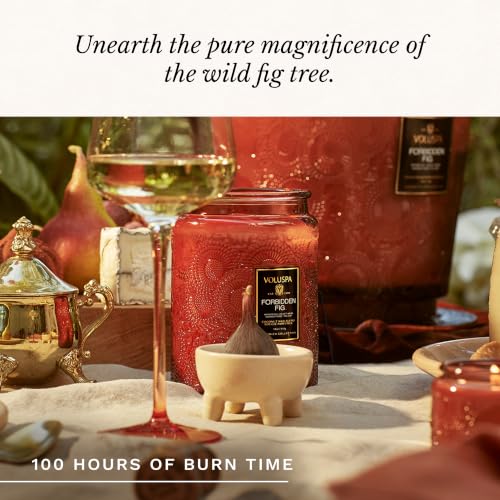Image of Voluspa Forbidden Fig Large Scented Candle Jar 18 Oz, 100 Hr Burn | Coconut Wax Blend in Decorative Glass, Clean Even Burn, USA Handcrafted Gift for Hosts, Fragrance Lovers & Relaxed Rooms