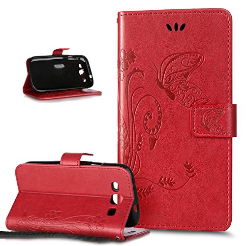 Coque Galaxy Grand Plus / Grand Neo / Grand Lite,ikasus® Bookstyle Étui Housse en Cuir Case, Le soulagement Art Fleur de Papillon Image Etui Housse Cuir PU Portefeuille Folio Flip Case Cover Wallet Coque Protection Étui avec Flex Soft Silicone TPU et Fonction Support Fermeture Aimantée Carte de crédit Logement Poches Case Coque Housse Étui pour Samsung Galaxy Grand Plus / Grand Neo / Grand Lite GT-I9060I i9060 i9062 i9082 (5 pouces) - Gros papillon:Rouge