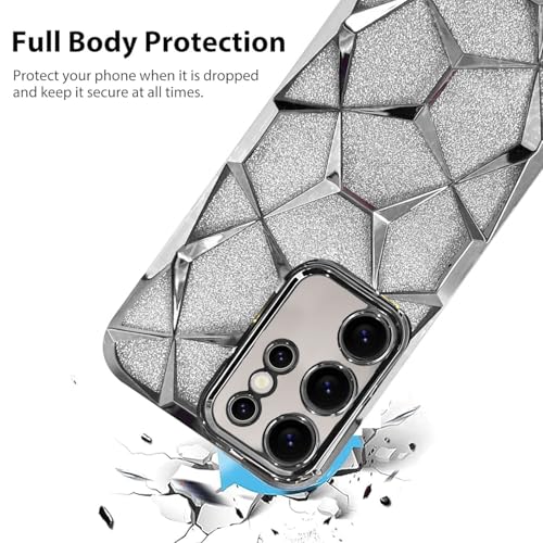 Image of VONZEE Gradient Glitter Case for Samsung S25 Ultra, Luxury Electroplated 3D Cube, Diamond Bling Shiny Soft TPU Clear Shockproof Women Girls Protective Phone Cover (Silver)