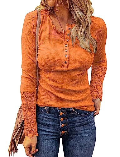 Miselon Womens Long Sleeve Henley Shirts V Neck Lace Button Tops Ribbed Knit Casual Slim Fit Blouse