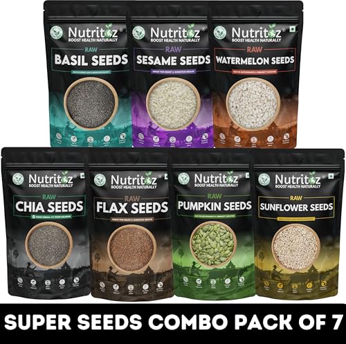 Image of Nutritoz Raw Mix Super Seeds Combo Pack Of 7 | Weight Loss with Omega 3 (50g Each) | Chia Brown Flax Pumpkin Sunflower Basil Sesame Watermelon (7 X 50 g)