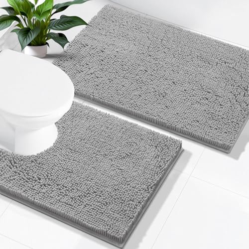 Image of Smiry Bathroom Rugs Set 2 Piece, Soft Absorbent Chenille Bath Mat and U-Shaped Toilet Rug Set, Non Slip Shaggy Bath Carpet for Tub, Shower and Floor (24x16+24x20, Light Grey)