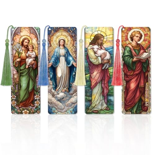 Zaamwoyy 4 Pcs Stained Glass Religious PVC Bookmarks Gifts with Tassels, Catholic Saints Transparent Bookmarks for Reading Women, Christian Prayer Accessories, Bible Gifts for Book Lovers