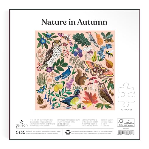Galison - Rompecabezas Nature in Autumn de 500 piezas para adultos | Ilustrado por Christine De Carvalho, fauna estacional, aves, desafiante, papel reciclado, tamaño terminado 20" x 20" miniatura 3