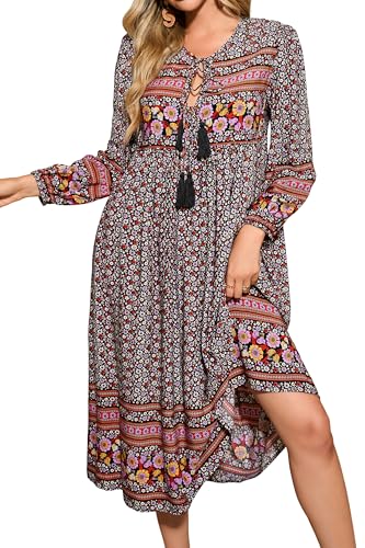 R.Vivimos Women's Long Sleeves Floral Print Retro V Neck Tassel Casual Bohemian Midi Dresses