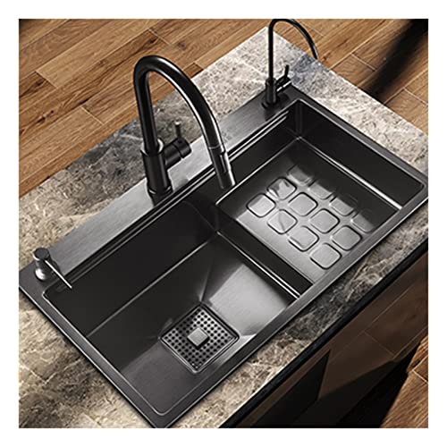 INGVY Fregadero de Cocina de Acero Inoxidable 304, Fregadero Individual para Lavabo de Verduras con Grifo extraíble, Montaje Superior o Inferior, Juego de Grifo de Fregadero (Color : Black A, Size