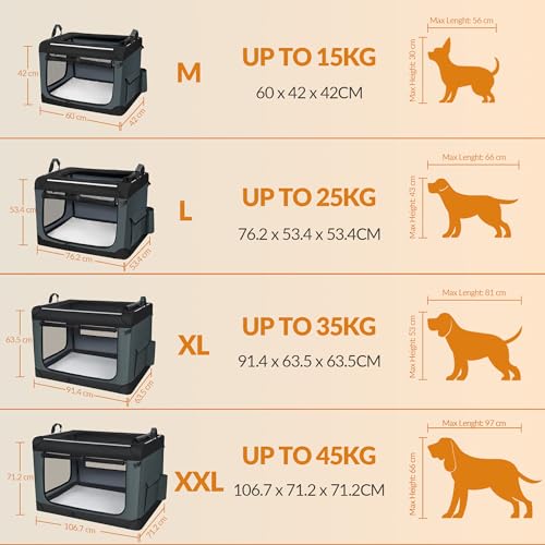 Fobyfurny Hundebox Faltbar, 3-Türiger Transportbox Hund, 60 x 42 x 42 cm, Tragbare Hundetasche mit Reflektierenden Streifen und Taschen, Oxford-Gewebe, Die Matte ist Abnehmbar, Grau, FPDT005OG1