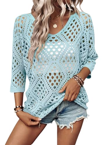 Image of Verdusa Women's Crochet Beach Summer Sweater 3 /4 Length Sleeve Boho Off The Shoulder Tops