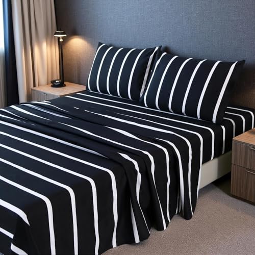 MAG 4Pcs Striped Full Sheet Sets,Black and White Full Size Microfiber Sheets Set,Included 1 Fitted Sheet 14'' Deep Pocket+1 Flat Sheet+2 Pillowcases Soft and Breathable,Wrinkle and Fade Resistant.