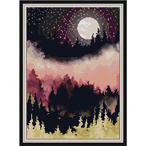 Svarog Stamped Cross Stitch Kits Beginners Full Range of Embroidery Patterns Starter Kits for Adult or Kids DIY Cross Stitches Needlepoint Kits 14CT-Moonlight Mountain Forest Nature 11.8x15.75 inch
