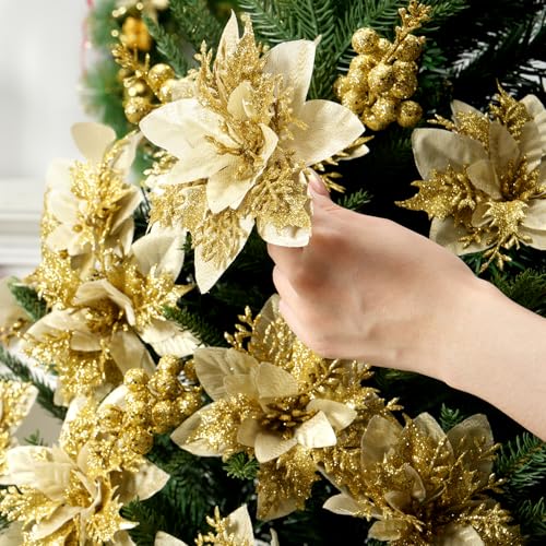 trytuny 50pcs Glitter Poinsettia Christmas Ornaments, Artificial Flowers with Clips Stems for DIY Wreath Making, Holiday Home Party Decorations, Indoor Use (Gold) - image 2