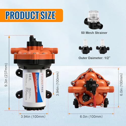 Image of YOUNGTREE 55-Series 12V RV Water Pressure Diaphragm Pump 7GPM 70PSI 12 Volt Five Chamber Water Washdown Pump Self Priming with Pressure Switch for RV, Garden, Irrigation, Boat, Home, Sprayer