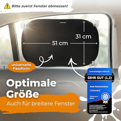 CARAMAZ Sonnenschutz Auto Baby mit UV Schutz, Reach Zertifiziert - Opti-Dark - GSM100+ inkl. Saugnapf - Verdunklung 51x31cm, 2 Stück