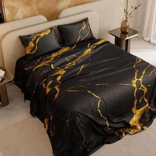 Image of Stoa Paris 300TC UltraSatin King Size Bedsheet with 2 Pillow Covers, Hypoallergenic, Breathable, Gentle On Skin & Hair, Fade & Wrinkle Resistant, Wedding Gift for Couples, Louvre - Black, Gold