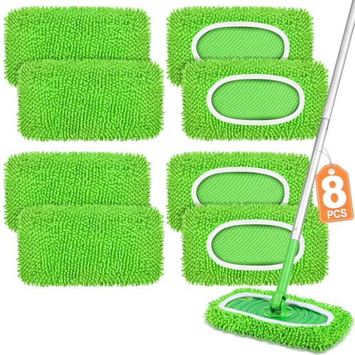 8 Pack Reusable Mop Pads Compatible with Swiffer Sweeper Dry Sweeping Cloths & Wet Mopping Cloths - Microfiber Mop Pads for Hardwood Floors Floor Cleaning Wood Floors (Green)