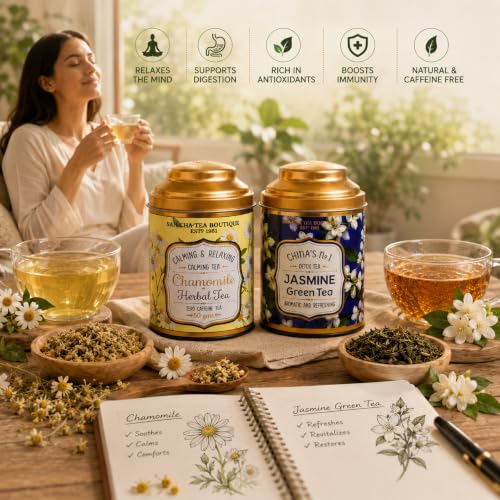 Image of Sancha Tea Boutique, Tea Combo Pack: Chamomile Caffeine Free Herbal (50g) & Imported Jasmine Green Leaves (100g), Detox & Calming Tisane