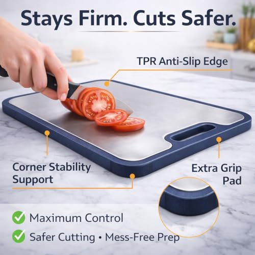 Tabla de Cortar de Acero Inoxidable 16 x 11 Pulgadas, Doble Cara con Base de Paja de Trigo para Verduras y Frutas miniatura 5