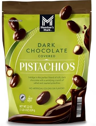 Members Mark Dark Chocolate Covered Pistachios, 22 Ounces, Resealable Bag