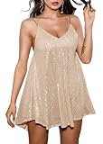 Wenrine Women's Sequin Dress Sexy V Neck Spaghetti Strap Backless Mini Dresses Club Party Dresses Champagne