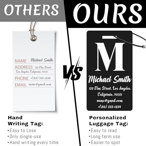 4 PCS Personalized Luggage Tags for Suitcase, Custom Engraved Aluminum Luggage Tags with Your Personalized Text Logo, Metal Name Tags with Steel Loop for Bag, Suitcase, Backpack (Black, Large)4