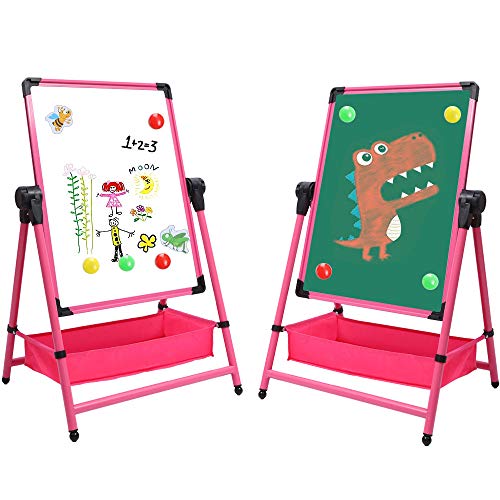 Arkmiido Pizarra Madera, Pizarra Magnetica Infantil, Caballete de Doble Cara para niños, Pizarra Blanca con Soporte Ajustable y Giro 360 Grados y Letras y números magnéticos (Rosa Recta)