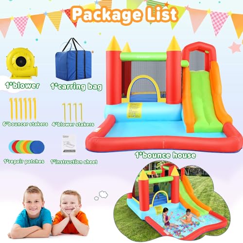 Bounce House for Kids, Inflatable Bouncer House with Air Blower, Bouncy Castle with Slide, Pool, Climbing Wall, Bouncing Area, Ball Pit, Basketball Hoop Jumping House for Party Ages 3-10 - Image 7