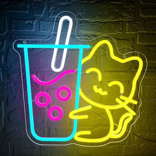 Image of Cat Boba Tea Neon Sign for Wall Decor Dimmable Bubble Tea LED Neon Sign for Cafe Bar Restaurant Coffee Dessert Shop Bedroom Decoration Size13.2 * 13.7In(WZCP019)