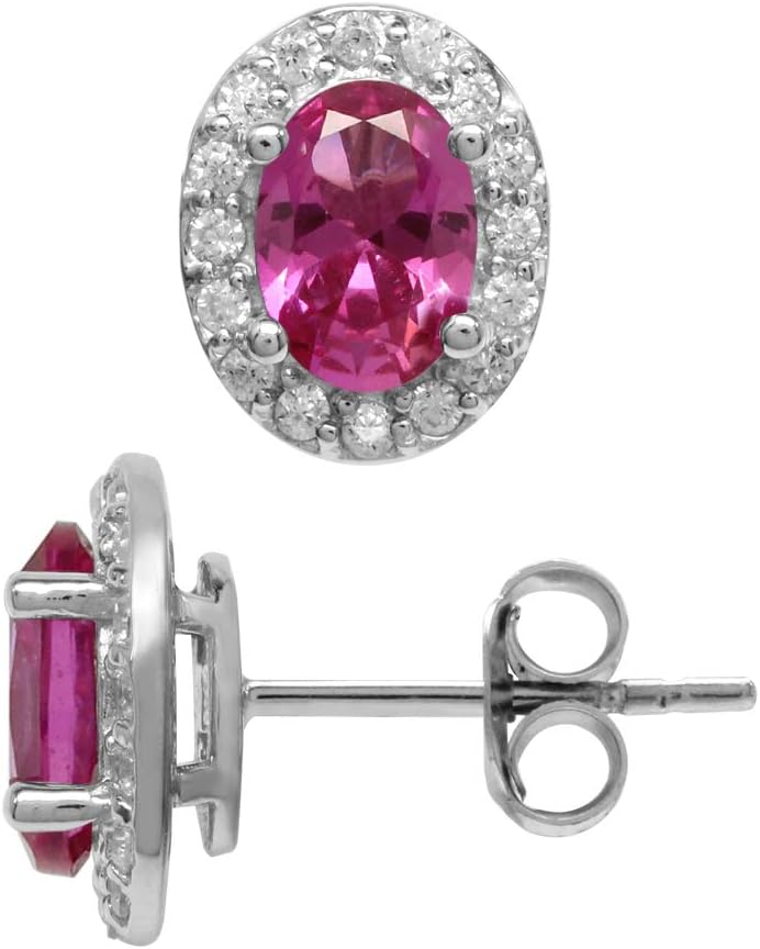 Silvershake Created 1.8 Ctw Oval 7x5 mm Pink Tourmaline 925 Sterling Silver Halo Stud Earrings