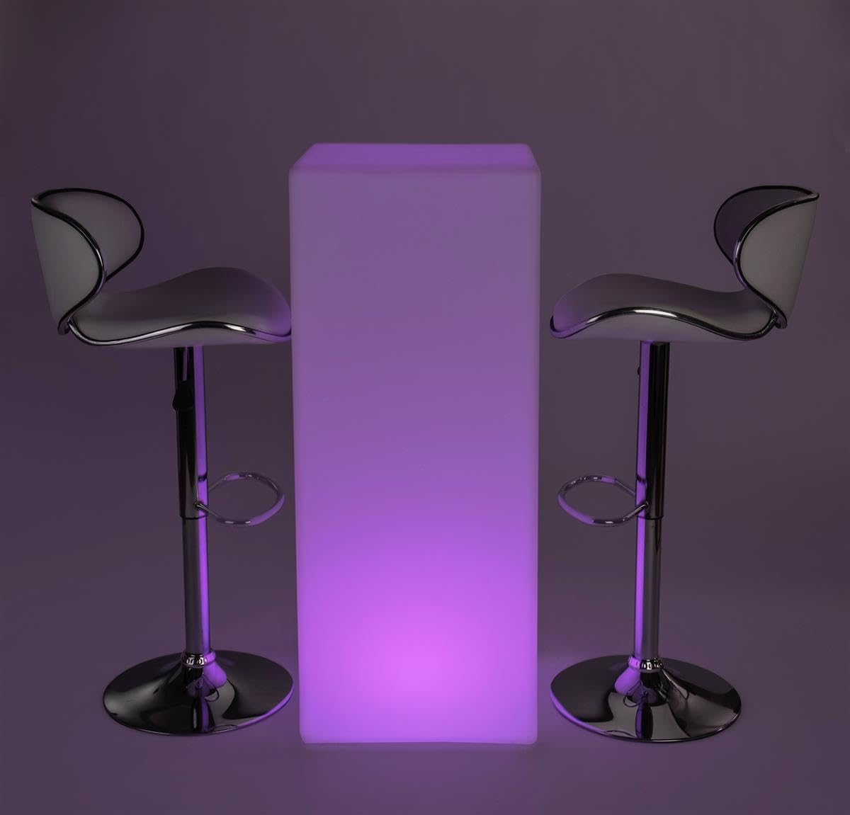 Displays2go Illuminated LED Pub Table Set, 16 Color Options, 2 White Leatherette Stools (FDLEDSET4)