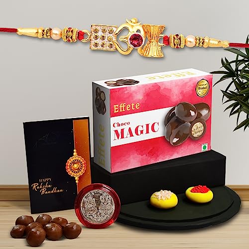 Image of DeoDap Multicolor Red Magic 32gm Roli Chawal Rakhi with Choco Magic 32gm, Silver Pooja Coin, Tilak Set, Greeting Card - Rakhi Gift for Brother
