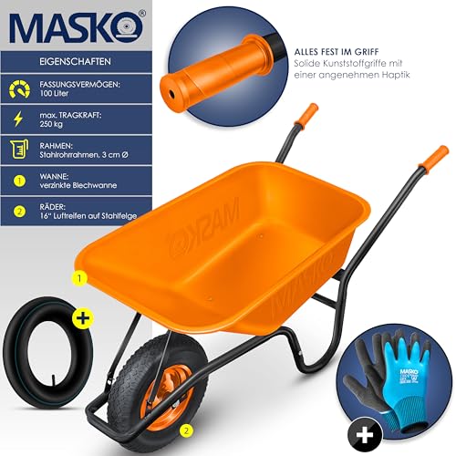 MASKOยฎ Kruiwagen, bouwkruiwagen, tuinkruiwagen, 100 liter tot 250 kg, luchtbanden met stalen velg, verzinkt stalen frame, tuinkar, schuifwagen, transportwagen - Afbeelding 3