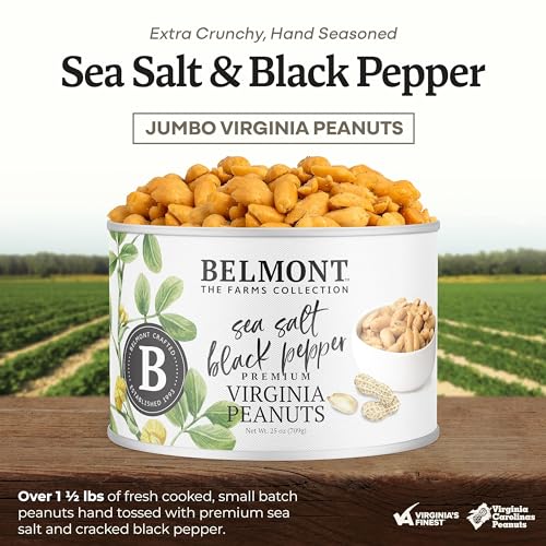 Image of Belmont Peanuts Gourmet Sea Salt and Black Pepper Flavored Virginia Peanuts, 25 oz (2 Pack) - Only 4 Simple Ingredients, No Preservatives, 7g Protein - Salty, Peppery, Crunchy, Hand Seasoned Snack