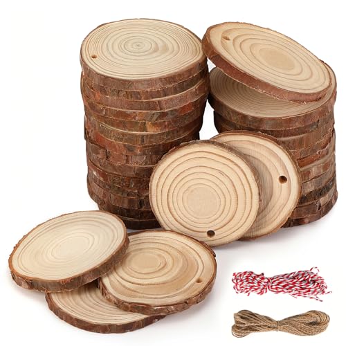 Fatias de madeira natural 20 peças, discos de madeira redondos 9-10 cm, 10 mm de espessura com cascas, troncos de madeira decoração para bricolagem, trabalhos manuais, pintura e pirogravador