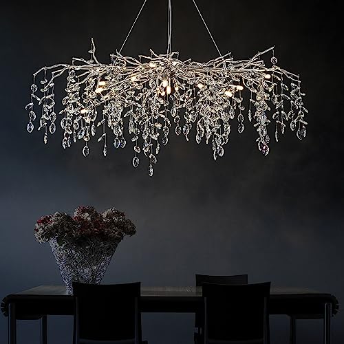 Large Crystal Chandeliers for Dining Room, L47.2" Sliver Tree Branch Rectangular Chandelier, Dining Room Light Fixture Raindrop Hight Ceiling Pendant Lights, Linear Chandeliers For Foyer, Living Room Large Crystal Chandeliers for Dining Room, L47.2" Sliver Tree Branch Rectangular Chandelier, Dining Room Light Fixture Raindrop Hight Ceiling Pendant Lights, Linear Chandeliers For Foyer, Living Room