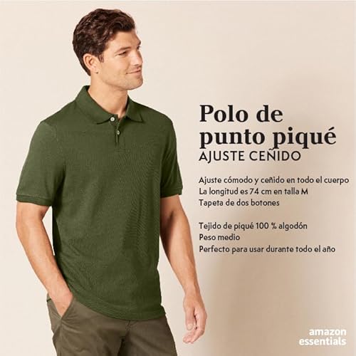 Amazon Essentials Polo de Piqué de Algodón de Ajuste Entallado Hombre, Negro, M