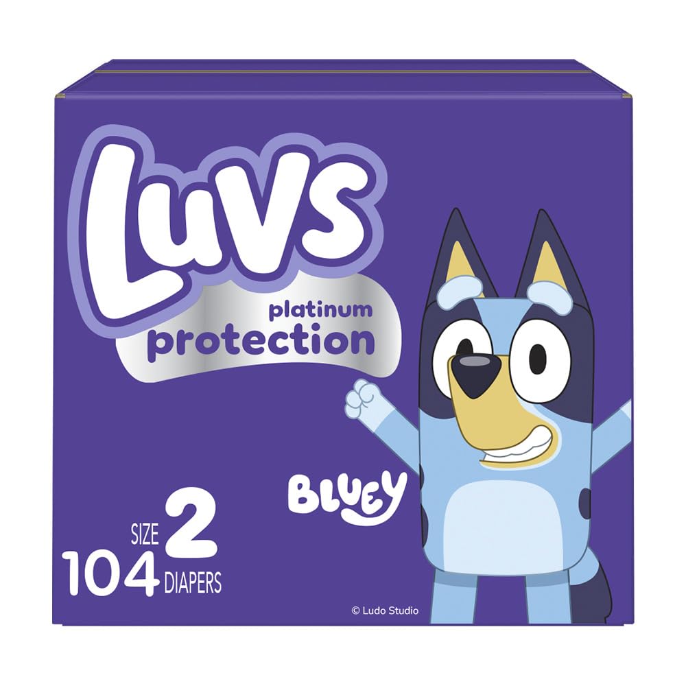 Luvs Size 2 Baby Diapers, Platinum Protection Bluey Diapers for Day &amp; Night,Size 2 (12-18 lb), 104 Count