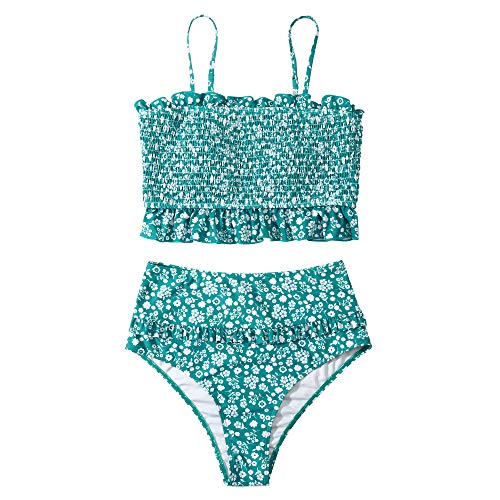 MOOSLOVER Women's Shirred Bandeau Bikini Top High Waisted Bottom 2 Piece Swimsuits Bikini Set(M,Flower-2)