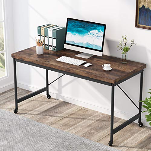 Tribesigns 55 Inch Rolling Computer Desk, Rustic Office Desk with Lockable Casters, Classic Simple Mobile Writing Study Table for Home Office Tribesigns 55 Inch Rolling Computer Desk, Rustic Office Desk with Lockable Casters, Classic Simple Mobile Writing Study Table for Home Office